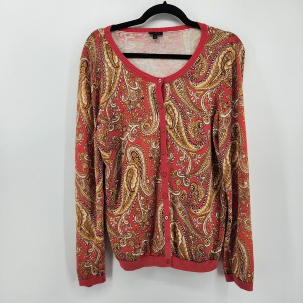 Talbots Cardigan Sweater Womens Medium Paisley Print Coral Gold‎ Career